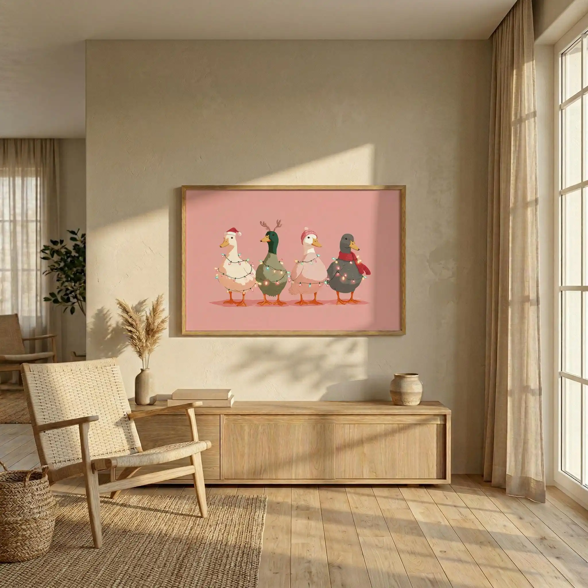 Funny Pink Christmas Duck Wall Art Poster - Holiday Goose Decor Cute Winter Animal Poster for Living Room and Bedroom Decoration