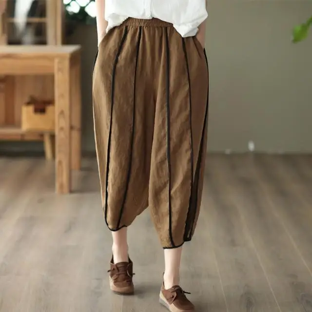 Cotton Linen Solid Women Casual Pants Fashion New Lightweight Pockets Ladies Casual Streetwear Office Loose Trousers Female S971