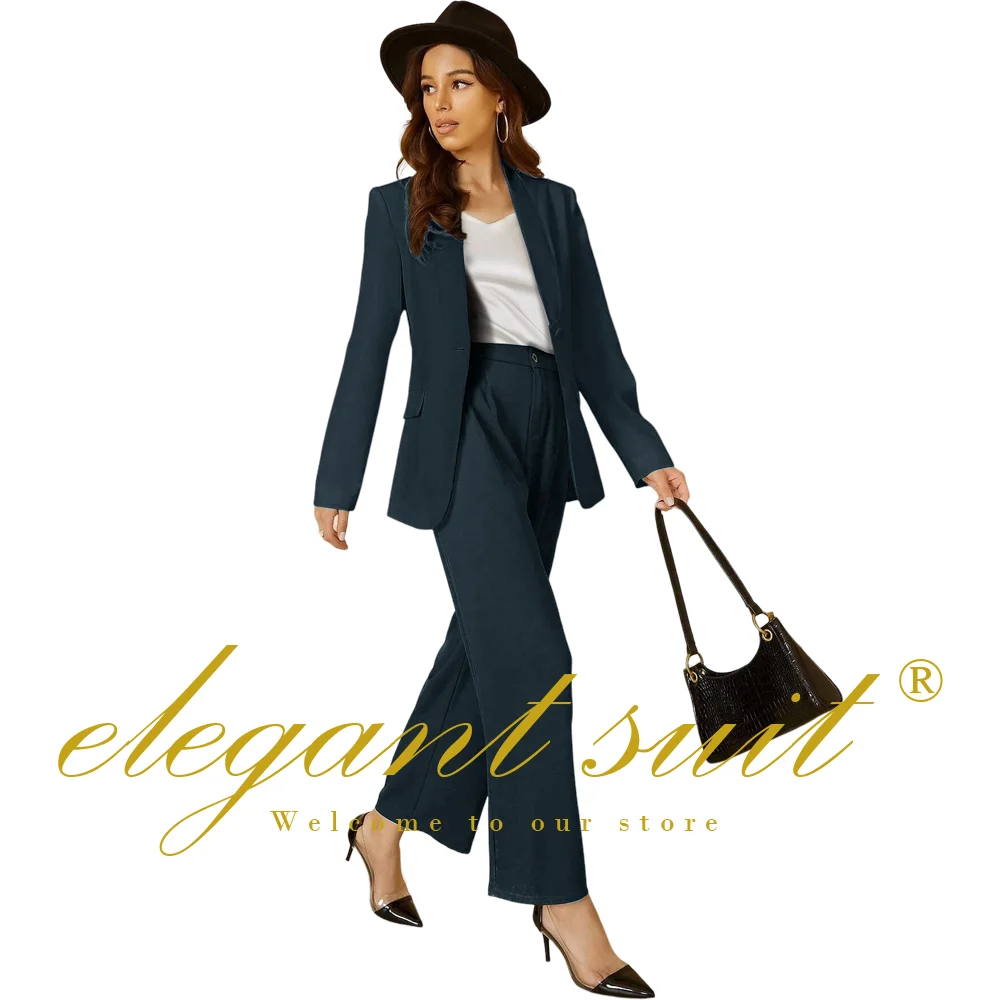 Women\'s black classic tailoring suit solid color single button suit + wide leg pants 2-piece set suitable for office workers