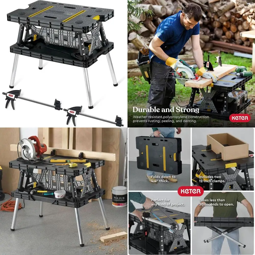منضدة محمولة شديدة التحمل مع 12 مشبكًا للمرآب والأعمال الخشبية - طاولة قابلة للطي لجميع الأحوال الجوية لتحسين المنزل بنفسك