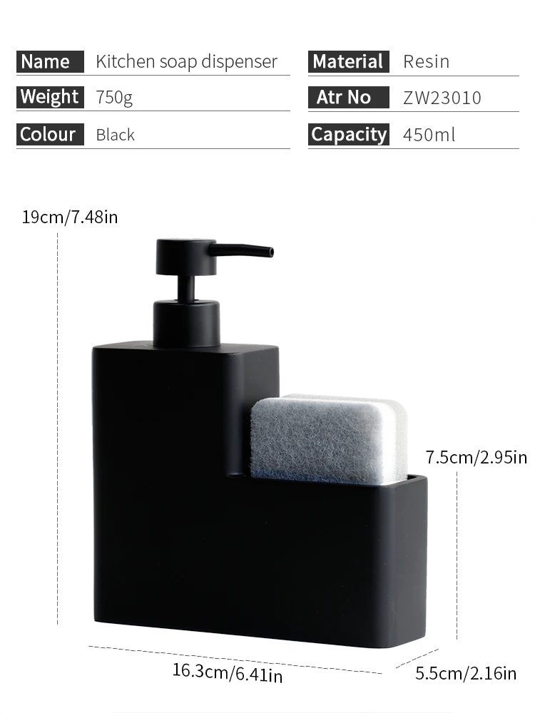 450ml Kitchen Dish Soap Dispenser Black Bathroom Liquid Soap Dispenser with Sponge Holder, Dish Soap Dispenser Pump Bottle