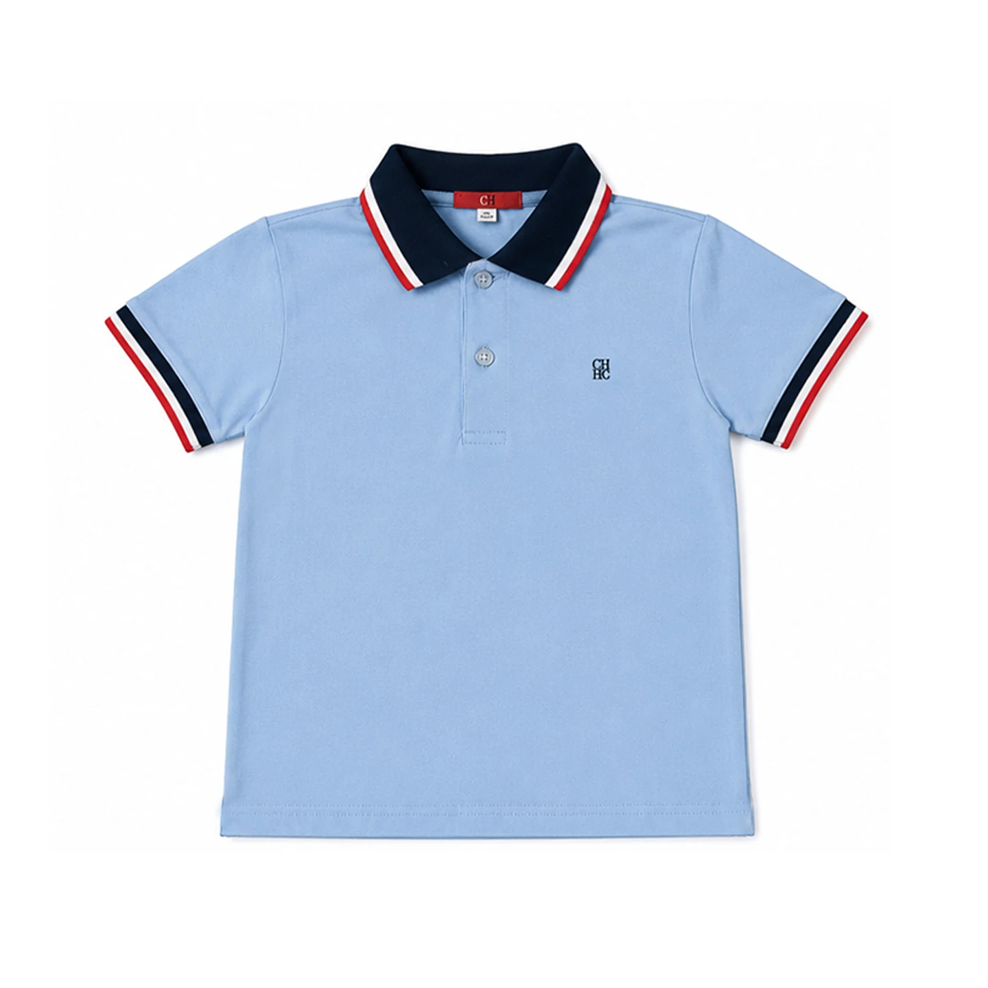 CH Kids  Light Blue Polo Shirt Striped Collar Cuff Embroidery CH Logo Short Sleeve Casual School Tops For Children