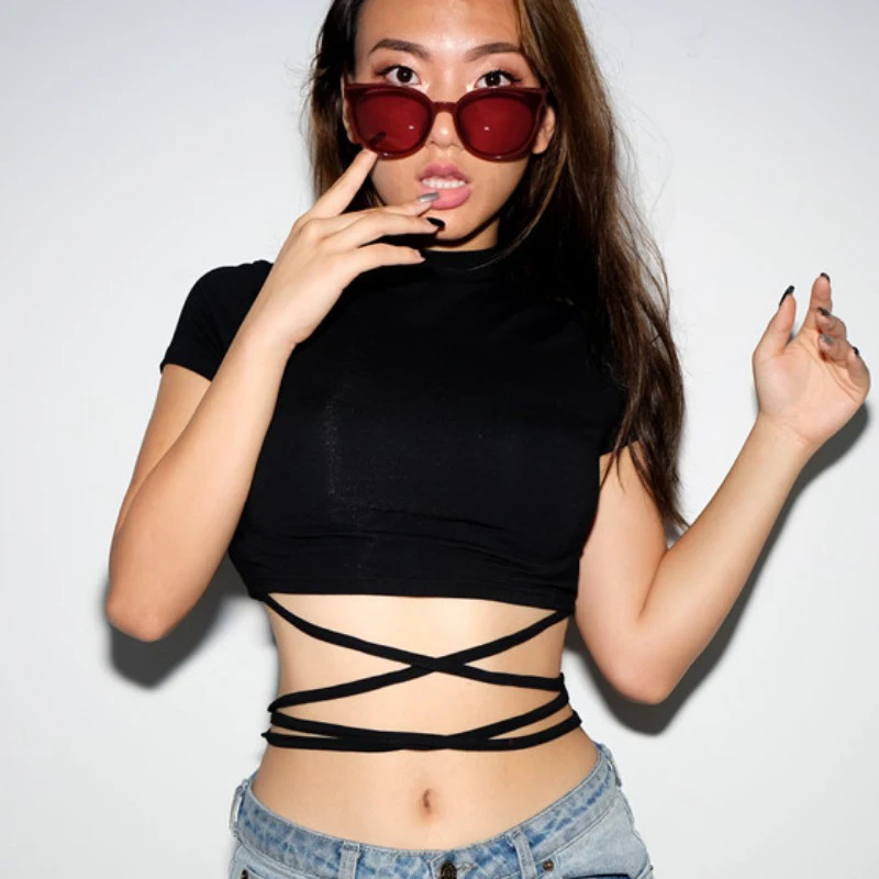 Summer Women Black Short T-Shirts Sexy Crop Tops Short Sleeve Bandage Tee Tops Female Shirts