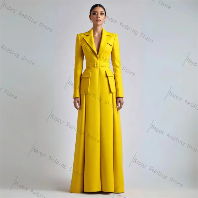 

Yellow Women Suit 1 Piece Blazer Long Prom Dress Belted Cotton Formal Office Lady Jacket Customized Wedding Guest Coat Gown