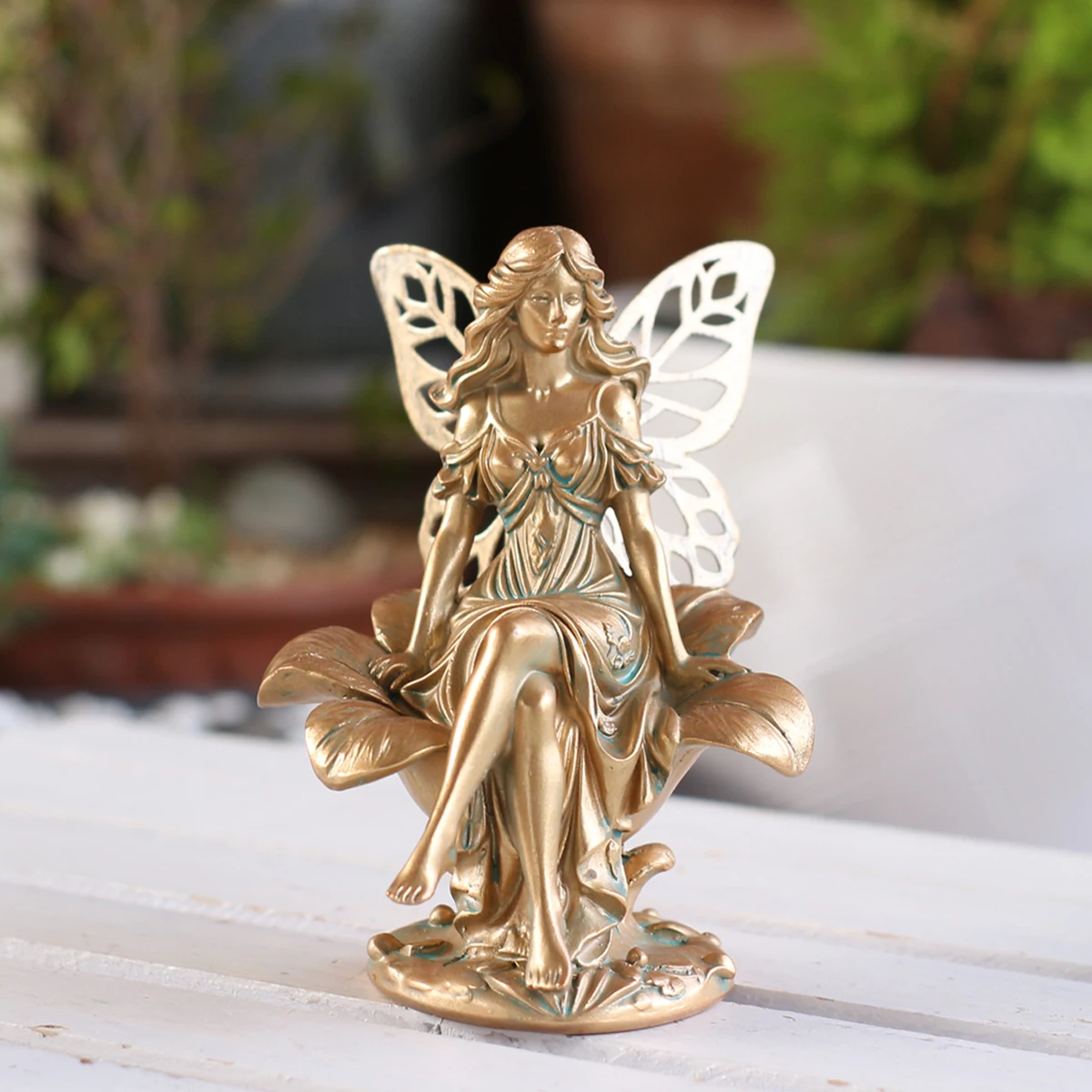 Bronze Sitting Flower Fairy Figurine Resin Craft Yard Lawn Ornament