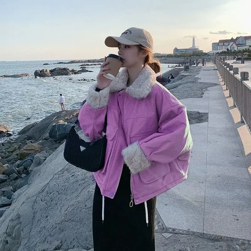 Parka Pink Thick Padding Purple Women's Jacket Plush Stuffed Female Coats Fleece Zip-up Quilted Padded Cheap Clothes Youth Warm