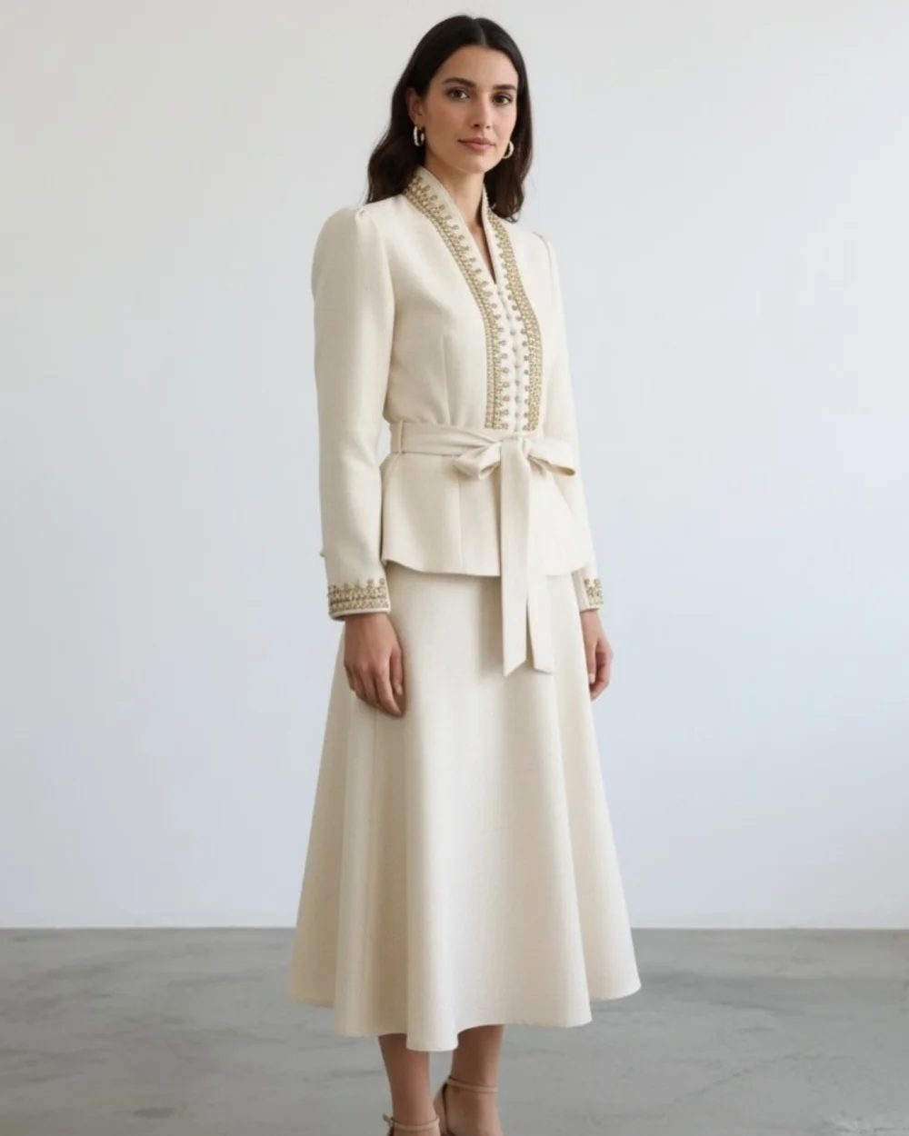 

Customized Modern Style Women Jersey Rhinestone Ruched A-Line Evening Dress High Quality V-neck Long Sleeves Tea Length Dresses