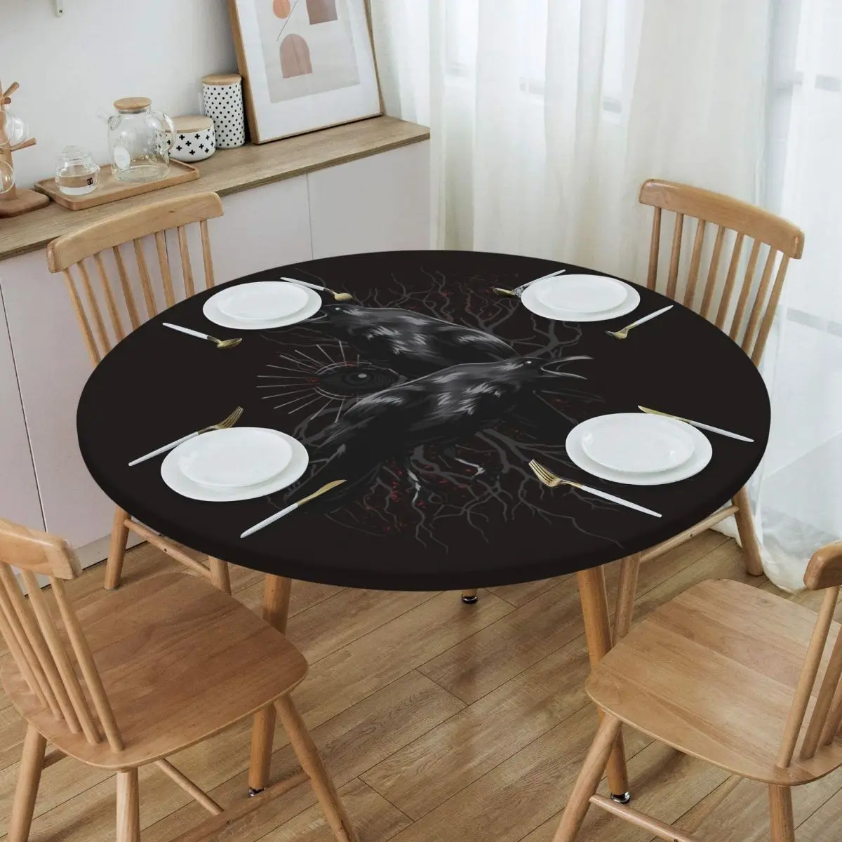 Odin's Yggdrasil Raven Of Wisdom Waterproof Round Tablecloth Oilproof Table Cloth for Kitchen Events Dining Table Cover