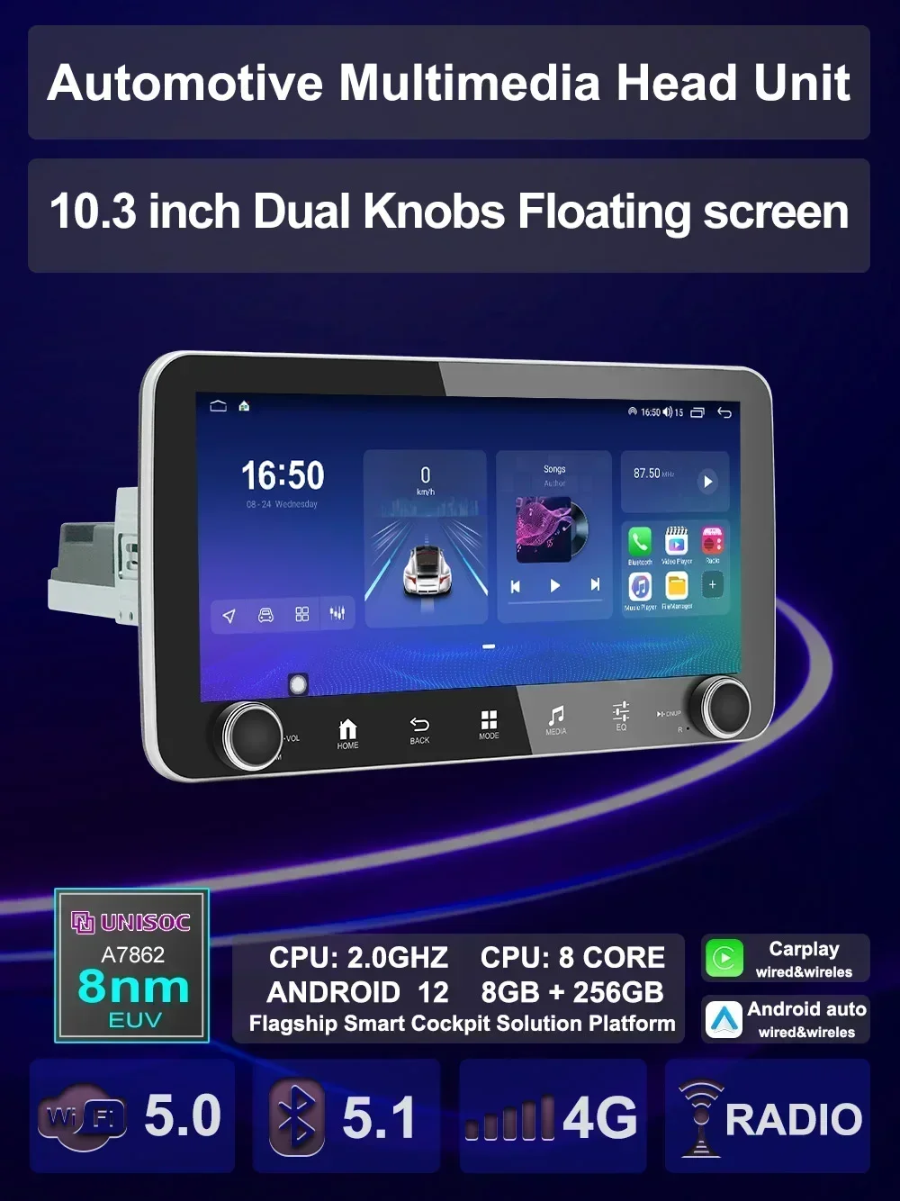 Multimedia Android 1 2 Din Knob Removable Screen Radio Palyer Carplay Auto Stereo Radio Head Unit For Toyota Nissan Kia Lada