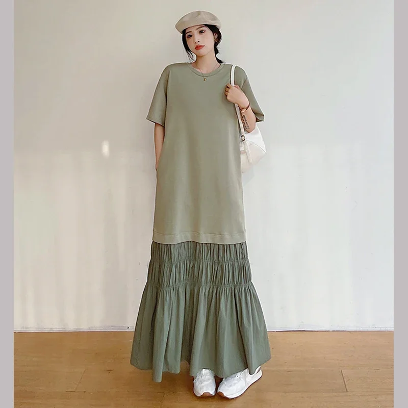 

2024 Summer New Korea Woman Dress Vestidos Robe Elbise Loose Plus Size Patchwork Hem Short Sleeve Long Dress