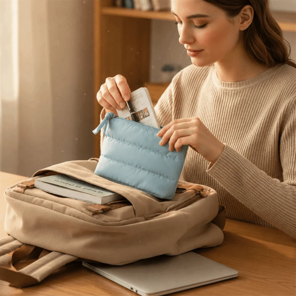 Fashion Puffy Cosmetic Pouch Padded Ultralight Small Makeup Bag Portable Zipper Closure Travel Storage Bag