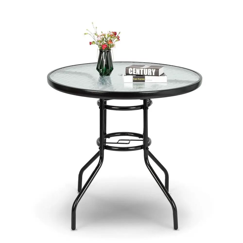 

Round Patio Table with Umbrella Hole, 32 Outdoor Dining Table Steel Tempered Glass Patio Tables Round Outdoor Tables for Balcon