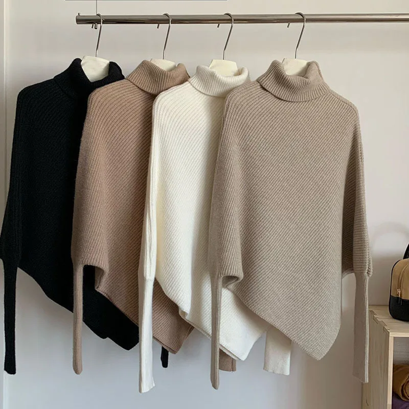 

Irregular Pullover High Neck Sweater For Women Autumn Winter Lazy Style Loose Soft Knitwear Versatile Solid Long Sleeved Top