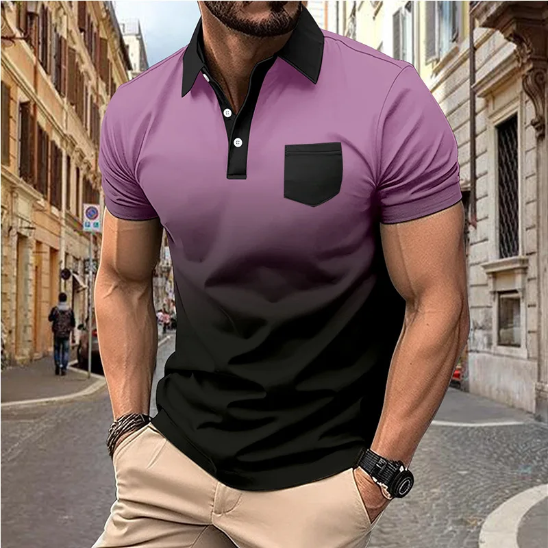 GZMS-ins 2024Summer AsiaPOLOShirt Buttons Men's Printed Dots Gradient Pocket Polo Shirt Men