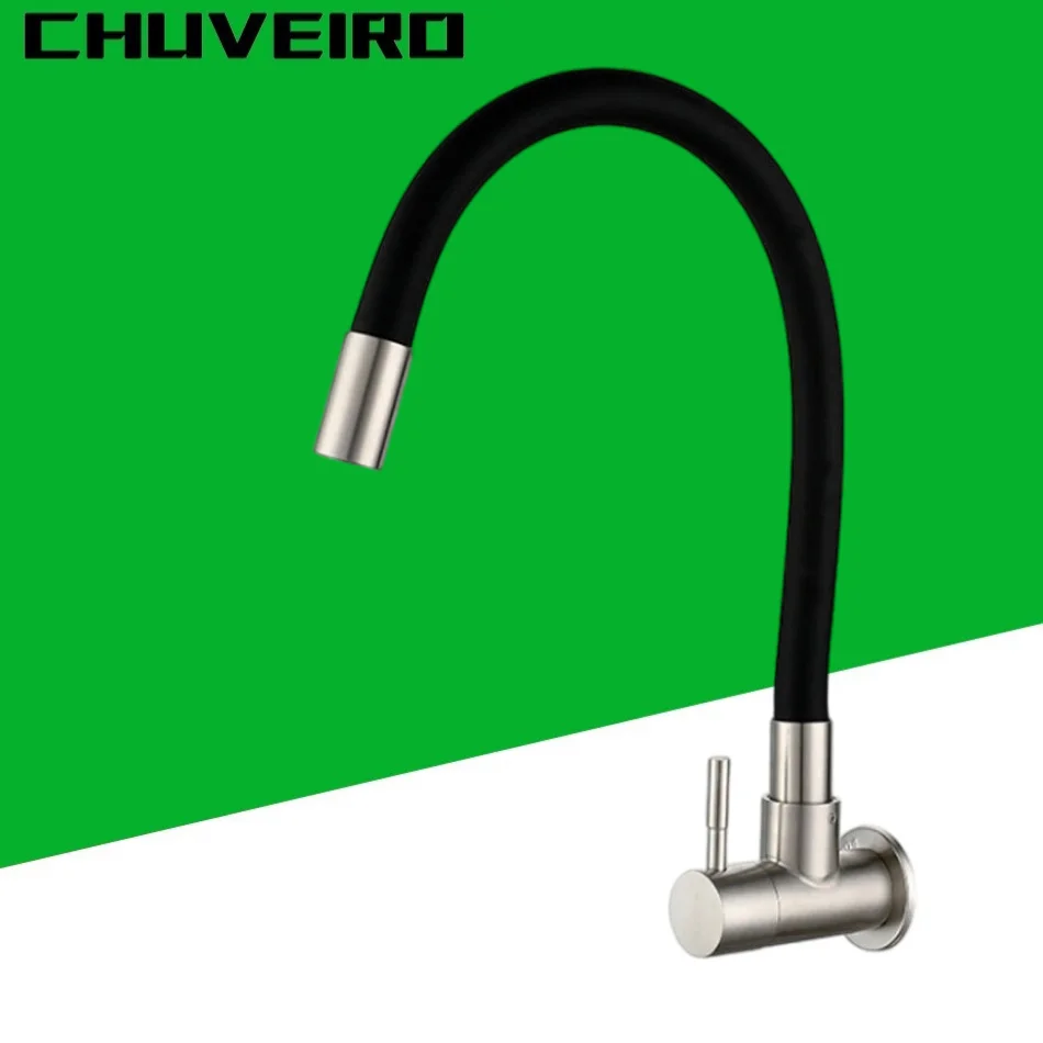 Kitchen Faucet Wall Mounted Black Brushed 304 Stainless Steel Rotation Universal Pipe Single Cold Water Tap Kitchen Sink Faucet