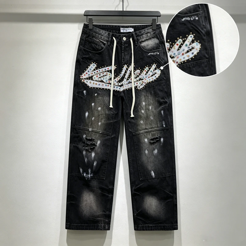 

American VALLEY Embroidery Colorful Diamond Beads Jeans Men Women Washed Loose Straight Paint Pants Black Blue Trousers Y2k
