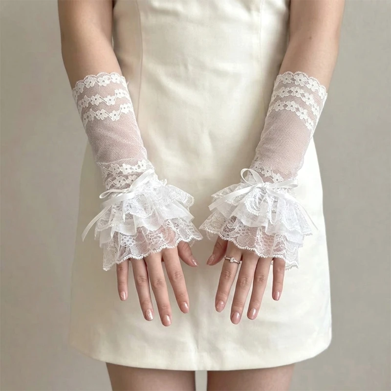 Mesh Lace Fake Cuffs Ruffle Bowknot Fingerless Gloves Lolita Girl Wrist Cuffs Wedding Bridal Party Decoration Hand Sleeves