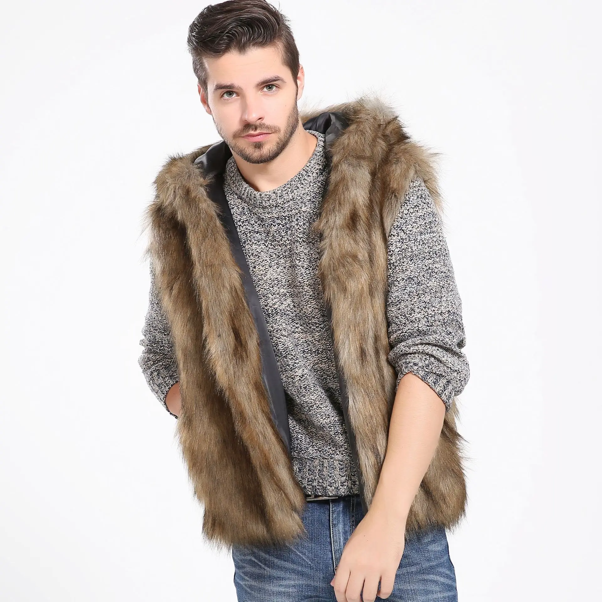 

European American Sutumn Winter Men's Solid Color Black Yellow Casual Trendy Sleeveless Hooded Faux Fur Vests Male Clothes Tops