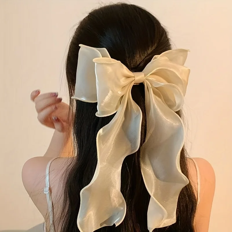 

[Princess Hair Bow] Sweet Pink Princess Tulle Oversized Bow Wavy Ribbon Spring Clip - Elegant Gentle Half-Up Hair Accessory - 1p