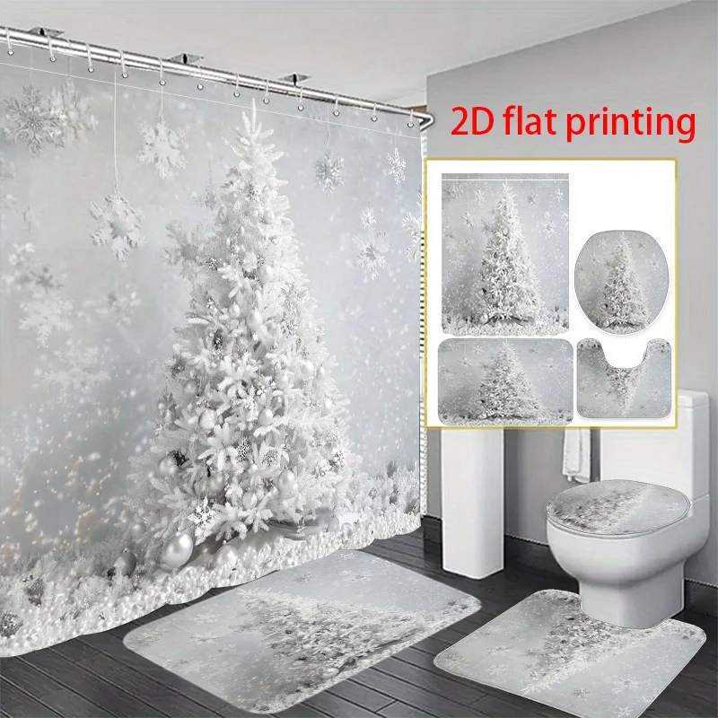 4Pcs Shower Curtain Set, White Xmas Tree with Snowflakes, Non-Slip Bath Mat, U-Shaped Toilet Cover, 12 Hooks Included