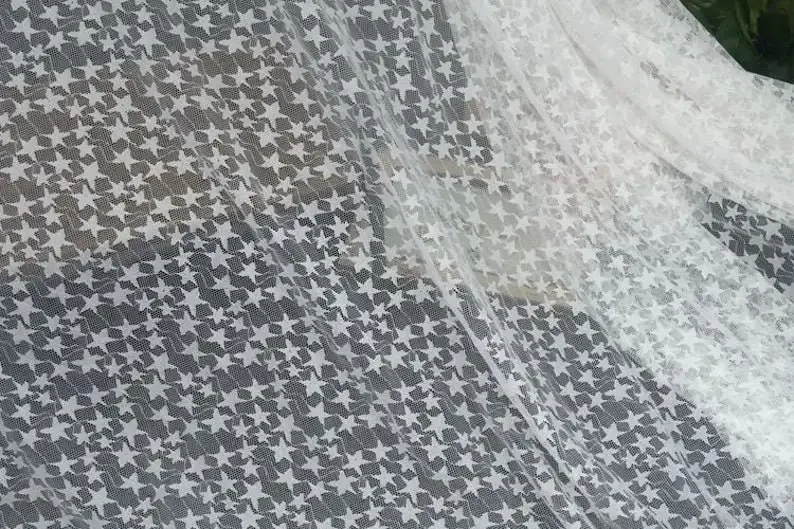 Black White Soft Star Embroidery Lace fabric Star Stretch Tulle Fabric For Girl Dress Wedding Dress Bridal Veil 1 Yard