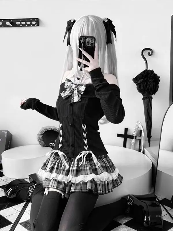 

Japanese Y2K Sweet Cool Style Bow Waist Tops Plaid Skirt Subculture Two-Piece Set Women's Daily Wear Autumn Fashion Outfit