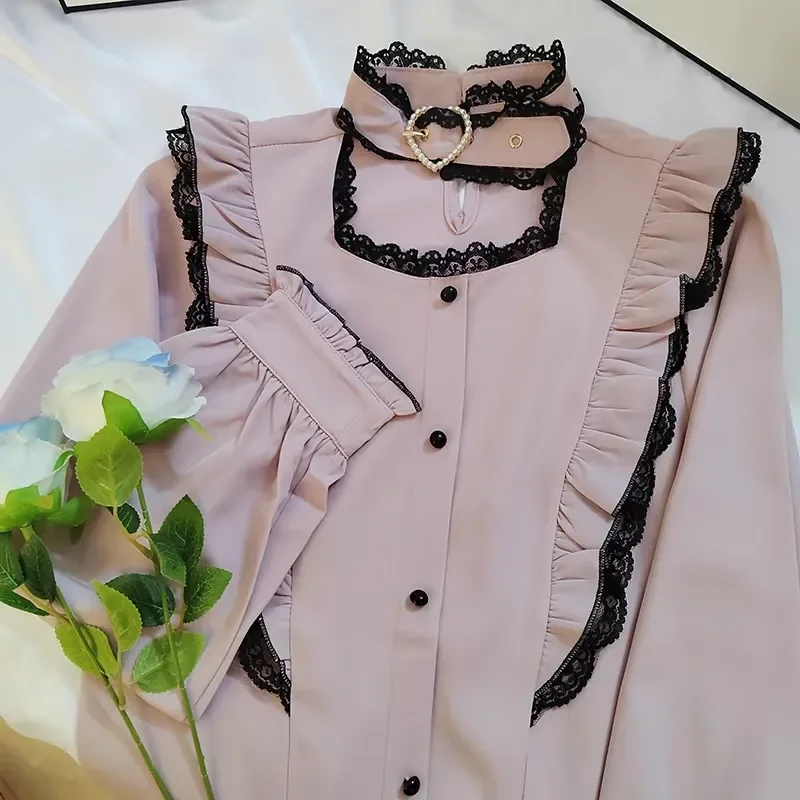 Kawaii Jirai Kei Lolita Y2K Blouse Women Elegant Long Sleeve Sweet Tops Cute Japanese Style Casual Aesthetic Shirt 2024