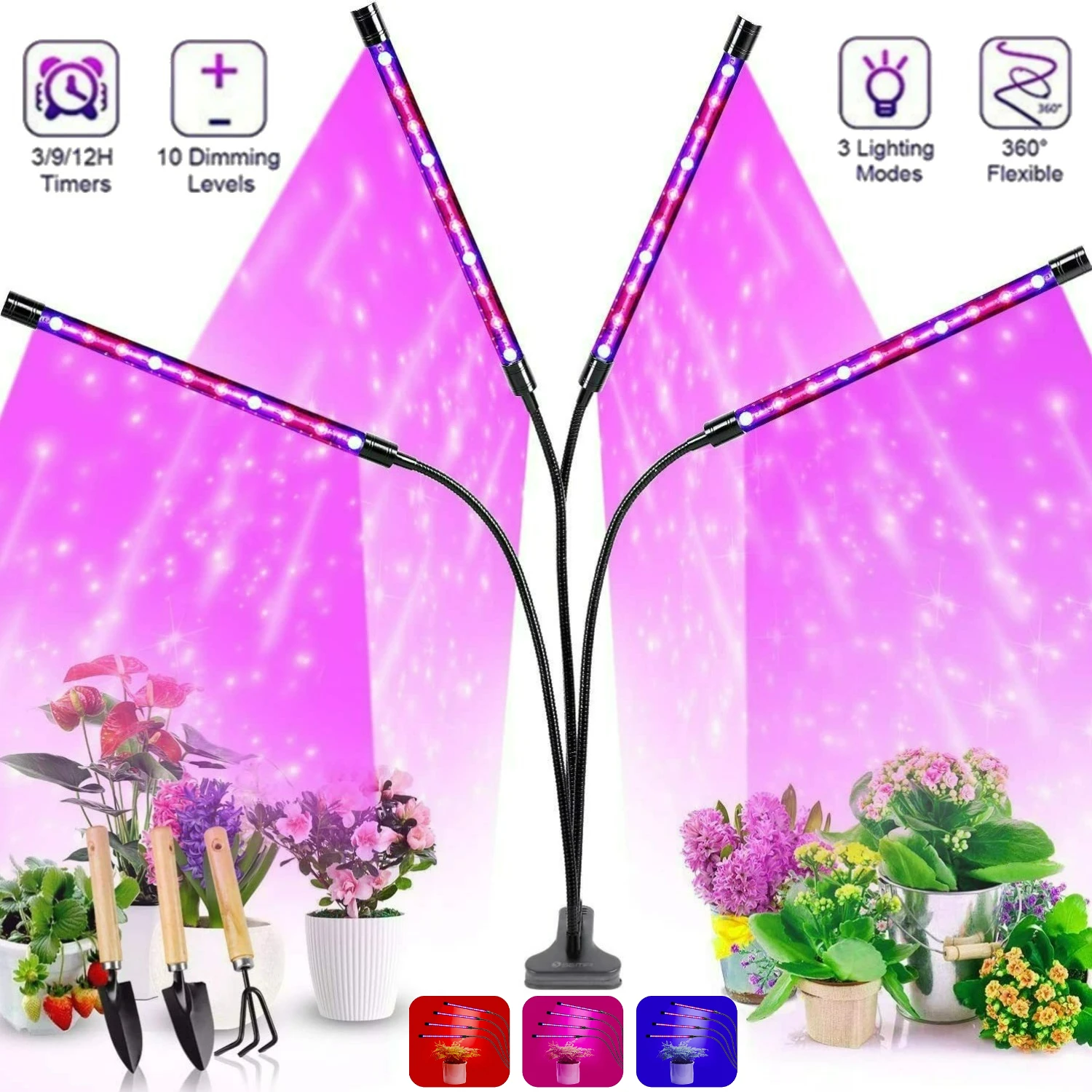 

Светодиодный светильник для роста растений с 10-уровневым регулируемым яркостью, полный спектр, 3 часа/9 ч/12 часов, светильник для роста овощей в саду и в помещении