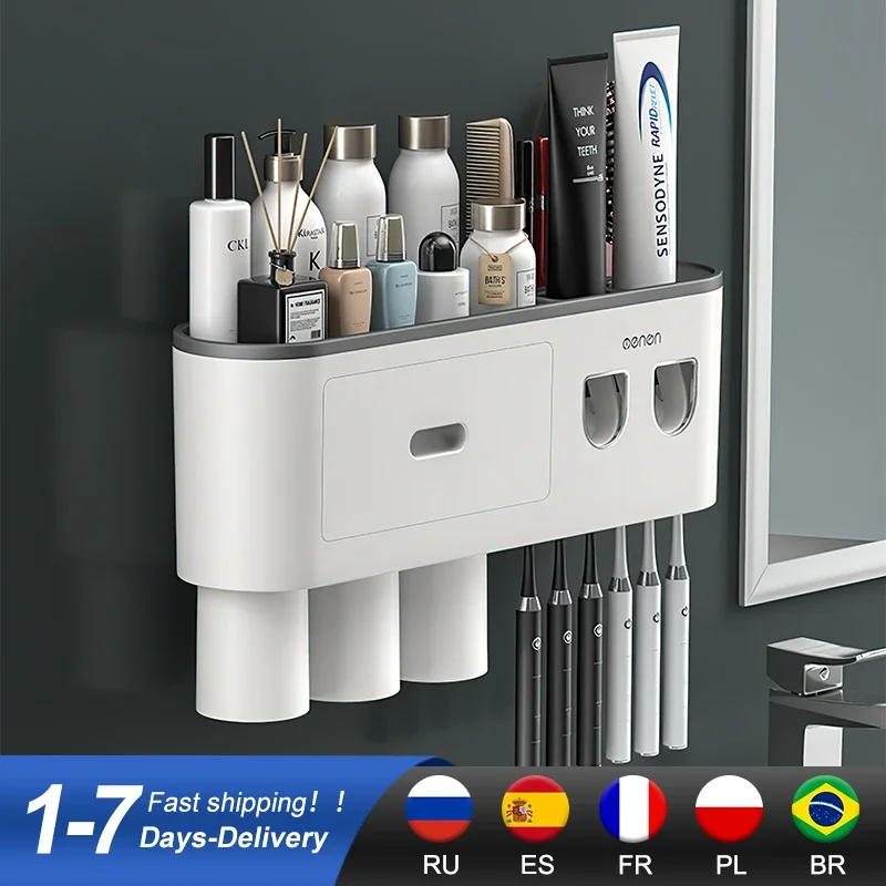 

Bathroom Magnetic Adsorption Inverted Toothbrush Holder Wall -Automatic Toothpaste Squeezer Storage Rack Bathroom Accessories