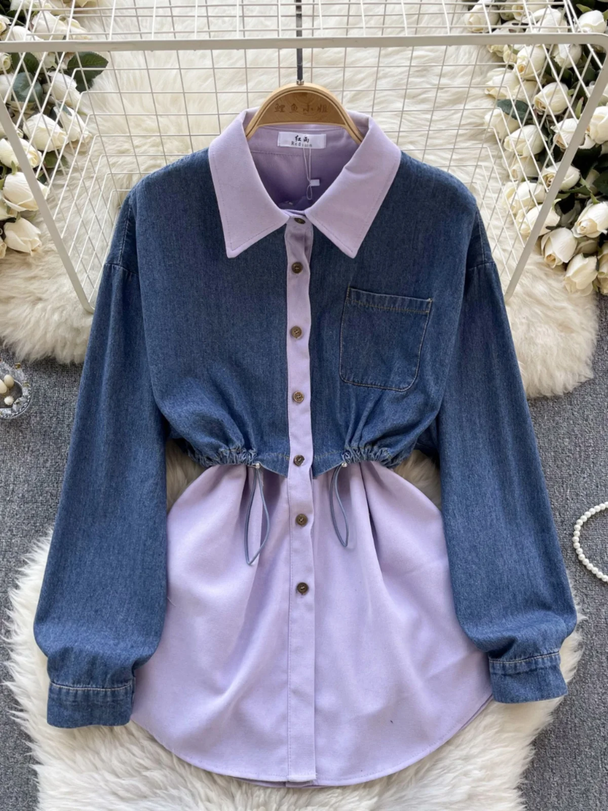 

SuperAen 2024 Spring Retro Denim Shirt Women's Design Fake Two Contrasting Color Patchwork Drawstring Waist Casual Shirt