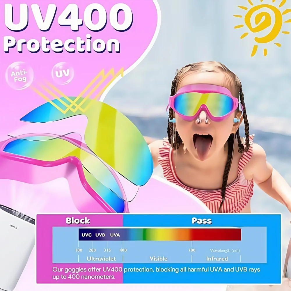 Neue Kinder-Schwimmbrille mit großem Rahmen, Nasenklammern und Ohrstöpseln, klare Sicht, Anti-Beschlag, UV-Schutz für Jungen, Mädchen, Jugendliche (3–15 Jahre – Detail 6