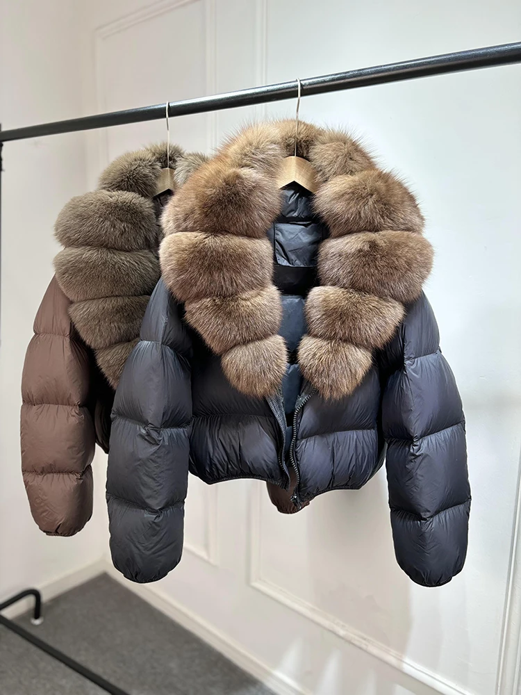 Janveny 2025 New Puffer Jacket Women With Large Natural Fox Fur Collar Short Fluffy Thick Parkas Female 90% White Duck Down Coat