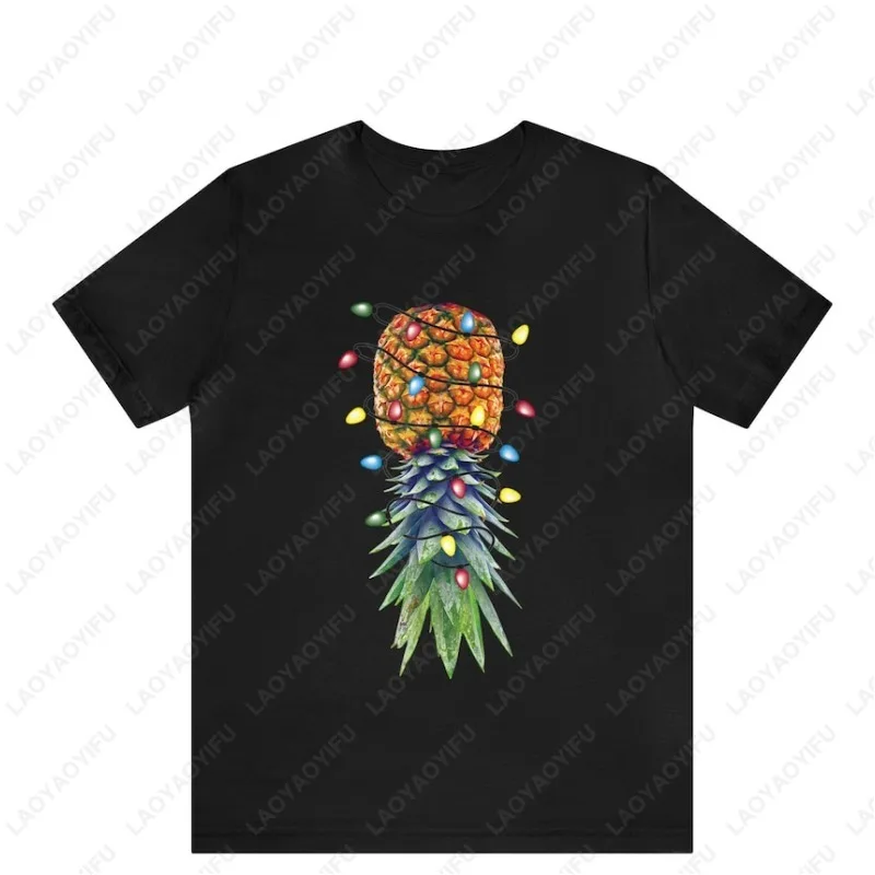 Christmas Lights Upside Down Pineapple Swinger Tshirt New Year Xmas Festival Cotton Tees Men Women Regular Short Sleeve Gifts