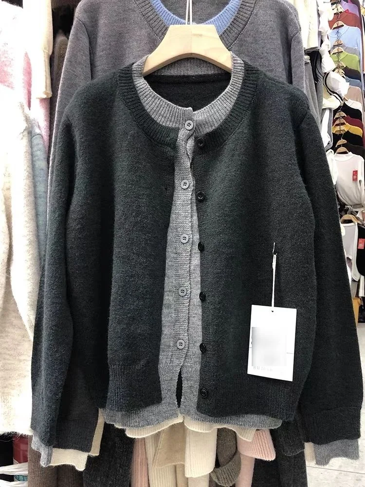 

Вязаный свитер-кардиган с эффектом двухслойности, женский, розовый, длинный рукав, свободный крой, повседневный топ, новинка весны, с пуговицами, круглый вырез, без воротника