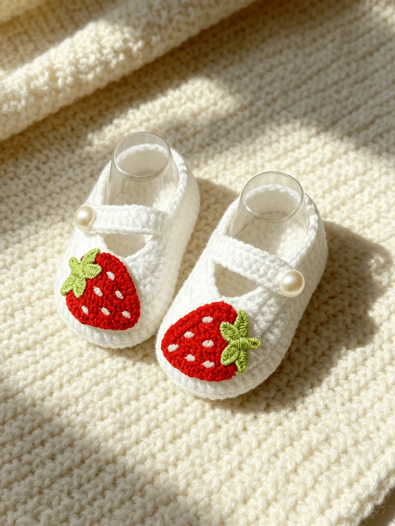 1 Pair Crochet Baby Girl Mary Jane Booties, White, Strawberry Embroidery with Pearl Button Strap, Infant Shoes
