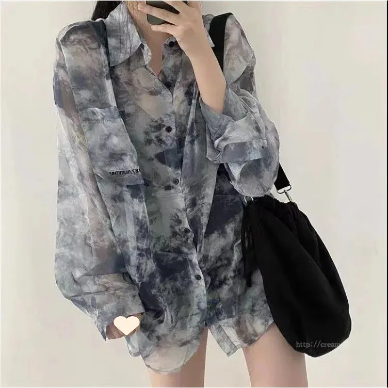 

DAYIFUN Ink Printing Ladies' Shirts Summer Chiffon Thin Lapel Pockets Blouses Women's Sunscreen Long-sleeved Versatile Tops