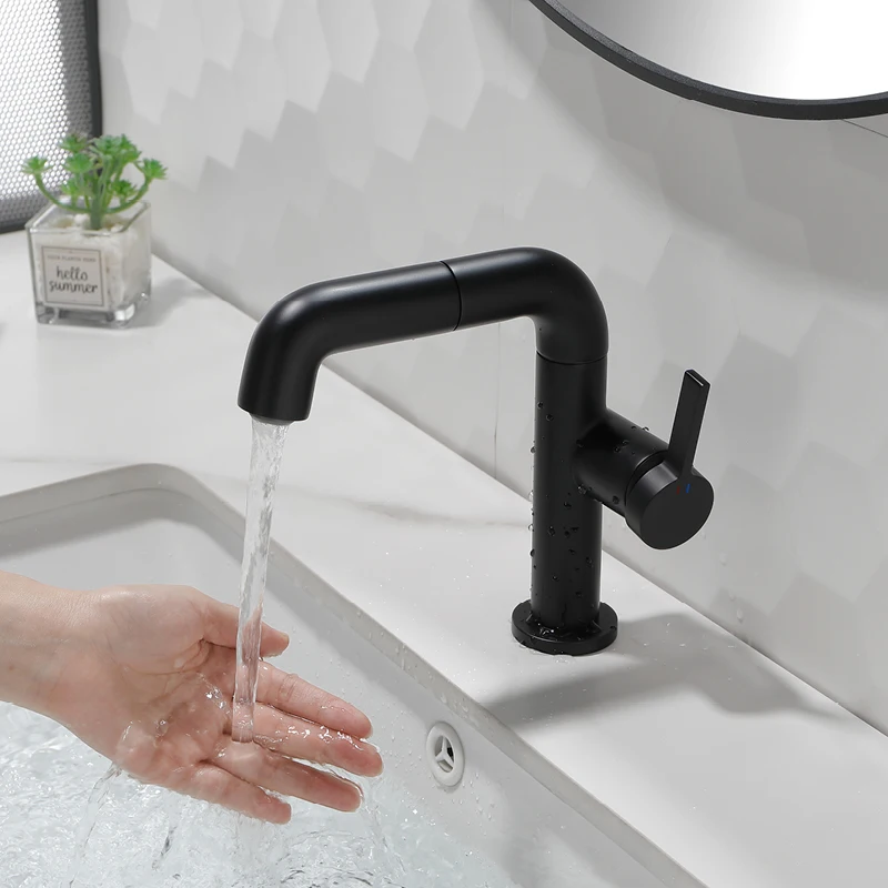 Bathroom Pull Down Sink Faucet Deck Mounted Single Hole Hot Cold Mixer Tap Contemporary One Handle Vanity Sink Faucet Black
