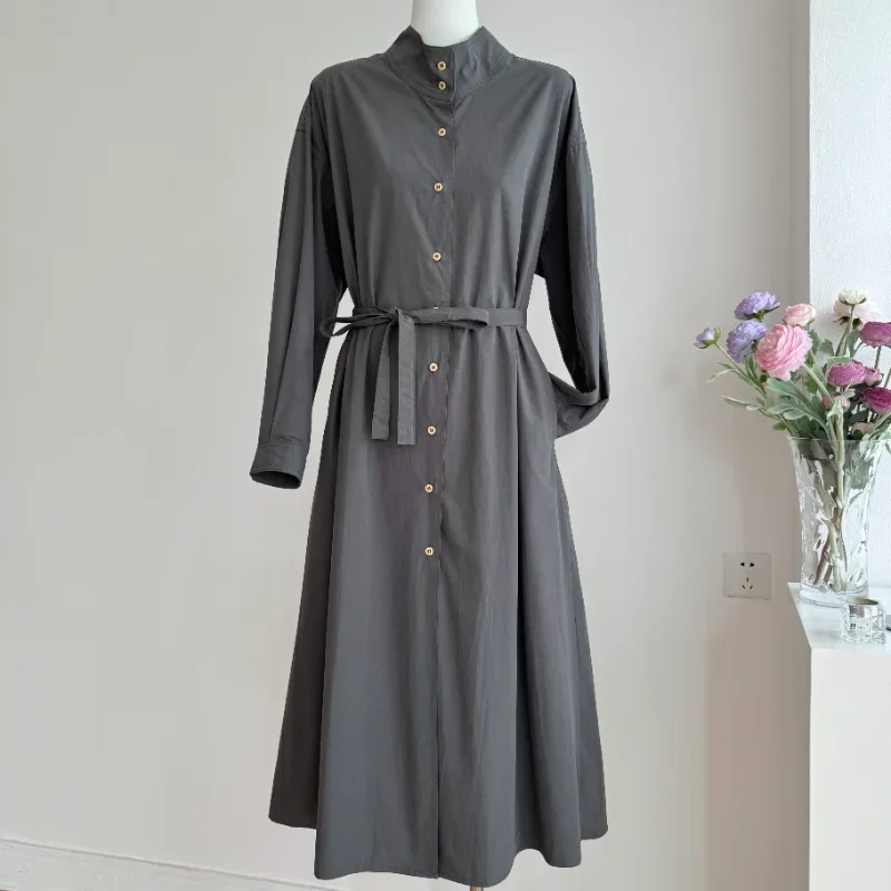 Korea Chic Stand-up Collar Dress Coat Women's Autumn Cotton Casual Loose Slim Basic British Style Long Trench Coat Female