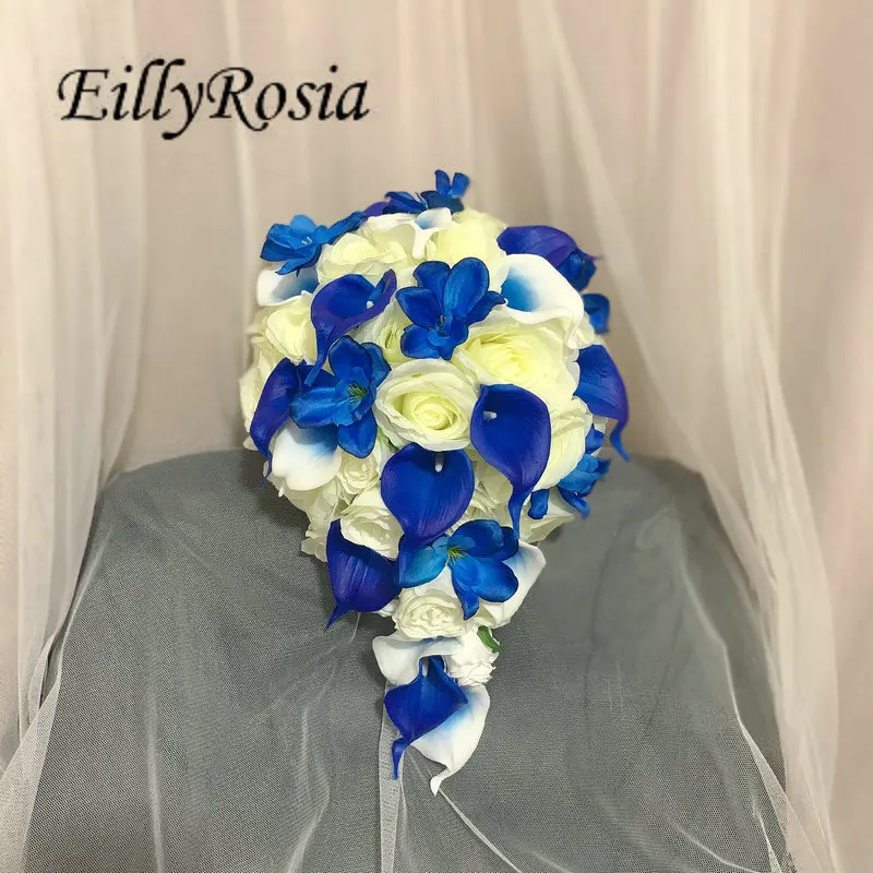 

EillyRosia Royal Blue Cascading Bridal Bouquet Fleur Artificielle Orchid Picasso Calla Lily Teardrop Wedding Flowers blumen