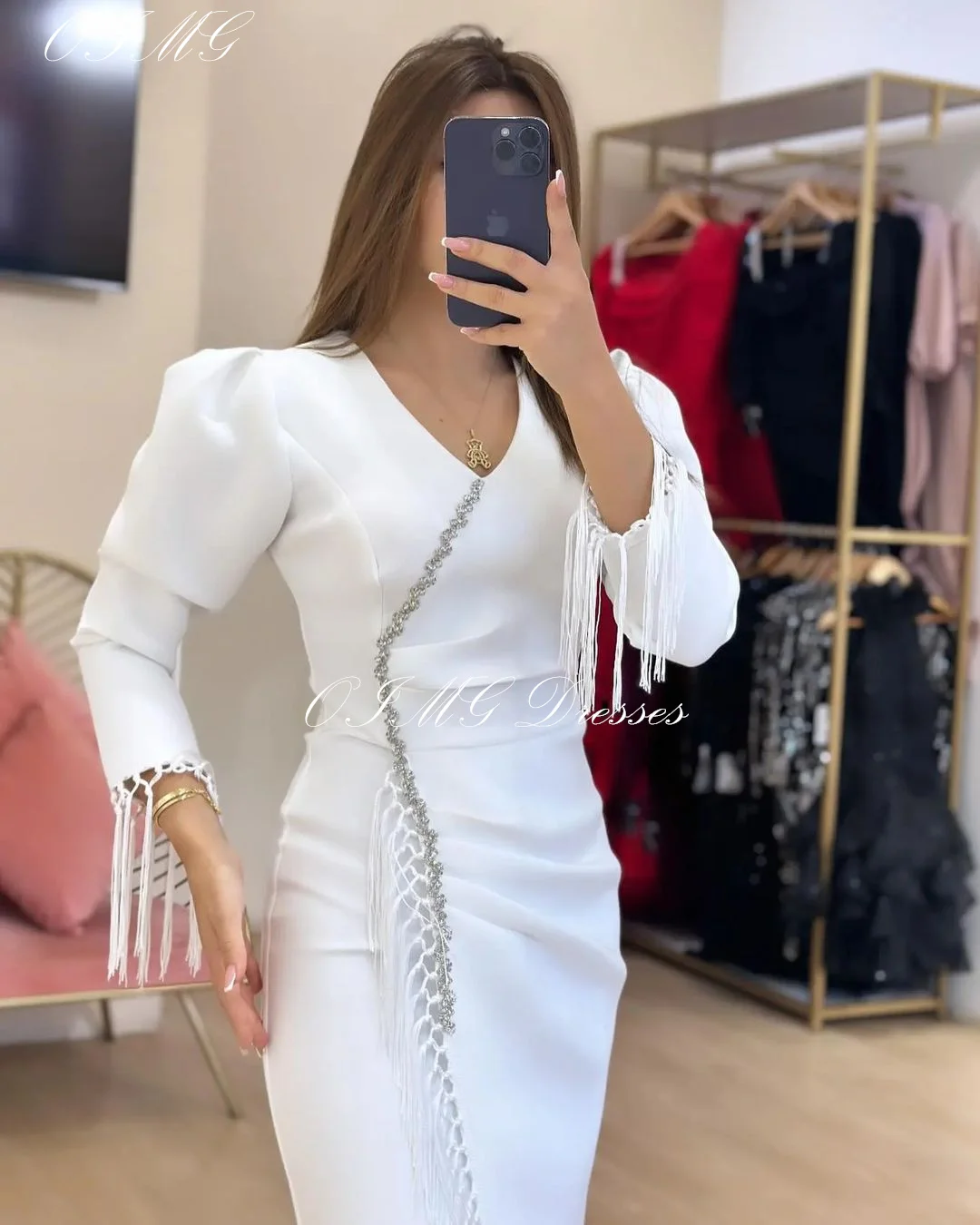 OIMG Saudi Customized Tassels Ivory Prom Dresses Long Sleeves Satin White Mermaid Vintage Simple Gowns Formal Party Dress