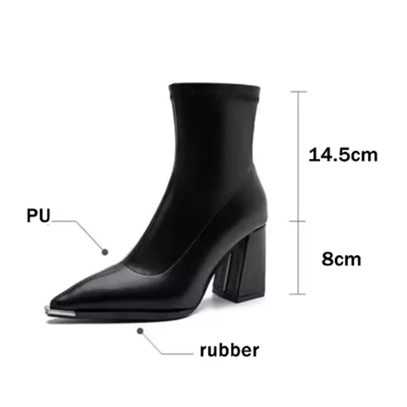 

High Heel Chelsea Boots Metal Decoration Designer Short Booties Brand Pu Black Ankle Boots 2026 Autumn French Retro Pointed Toe