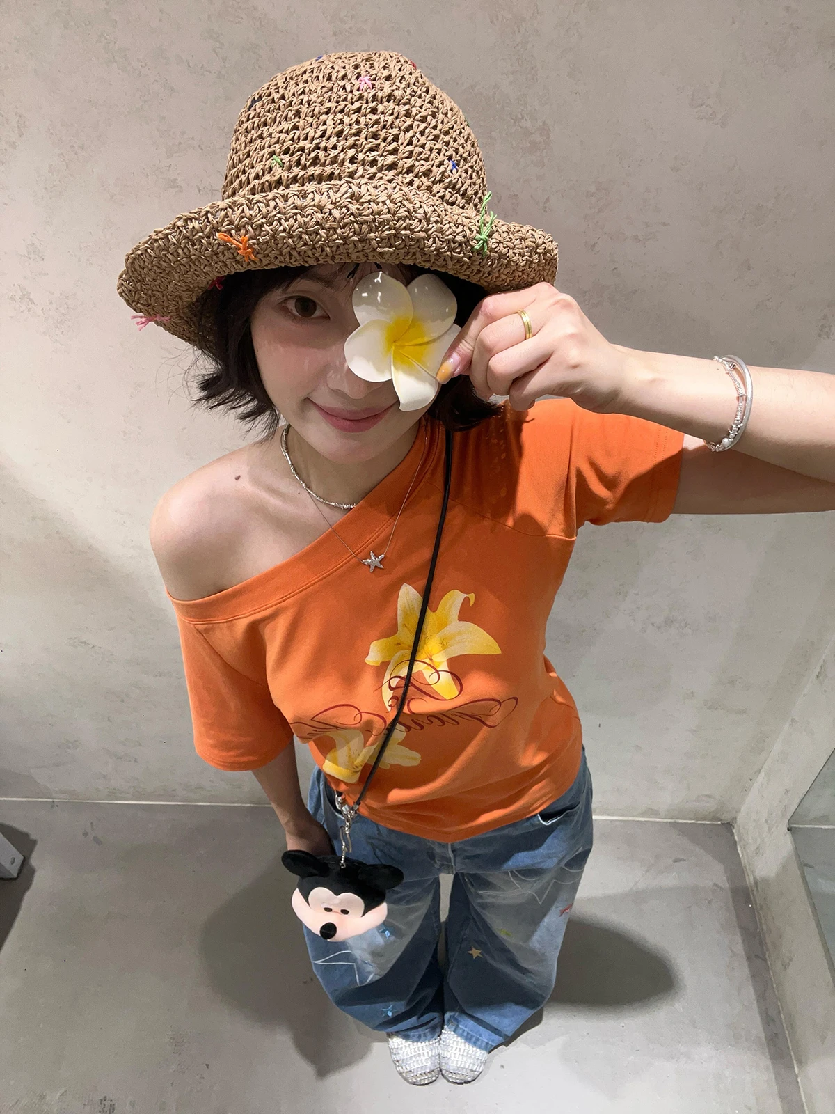 Sakura Sweet Spicy Orange Shoulder Bared Short Sleeve T-Shirt Women's Slimming Versatile Floral Slant Collar Casual Top