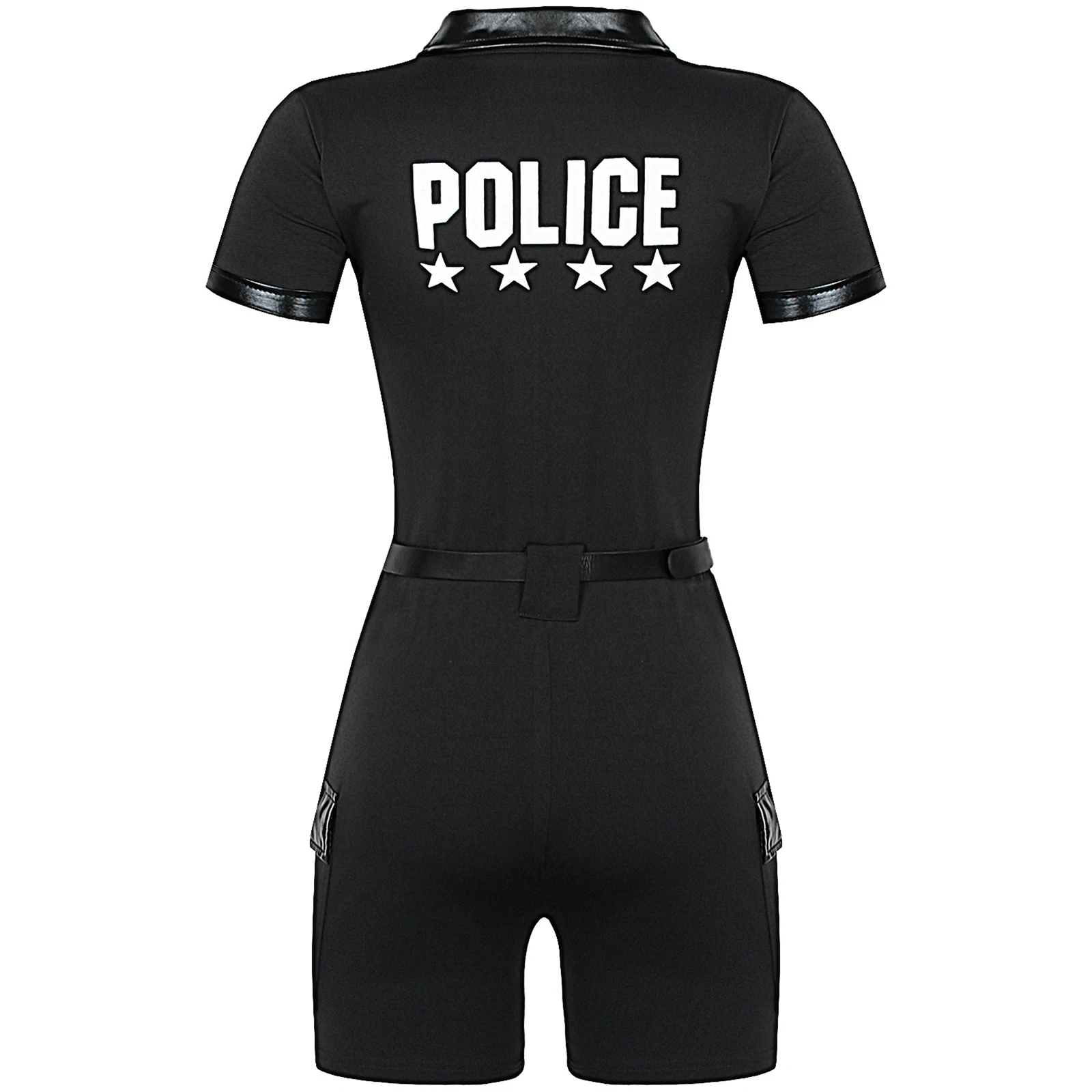 Womens Patrolman Rompers Zipper Short Sleeves Jumpsuit with Belt Purse Policewomens Cop Officer Halloween Cosplay Party Costume