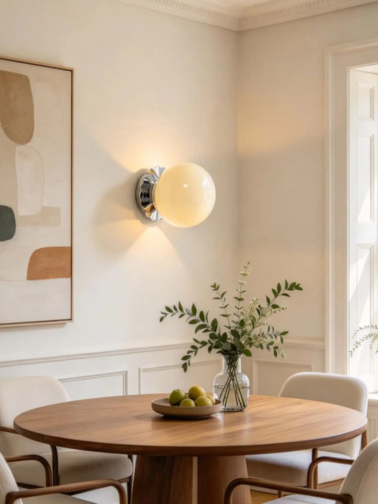 Lampa ścienna Bauhaus ze szkła, kremowa, okrągła, z diodami LED, do sypialni, na stolik nocny, do korytarza, łazienki, jako oświetlenie toaletki, do dekoracji wnętrz. — 2