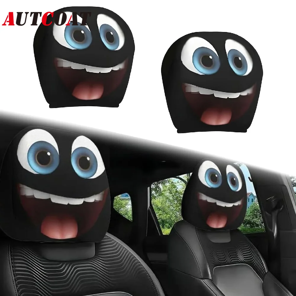 2PCS Generic Car Headrest Covers with Funny Smiley Face Design, Black Elastic Fabric, Universal Fit