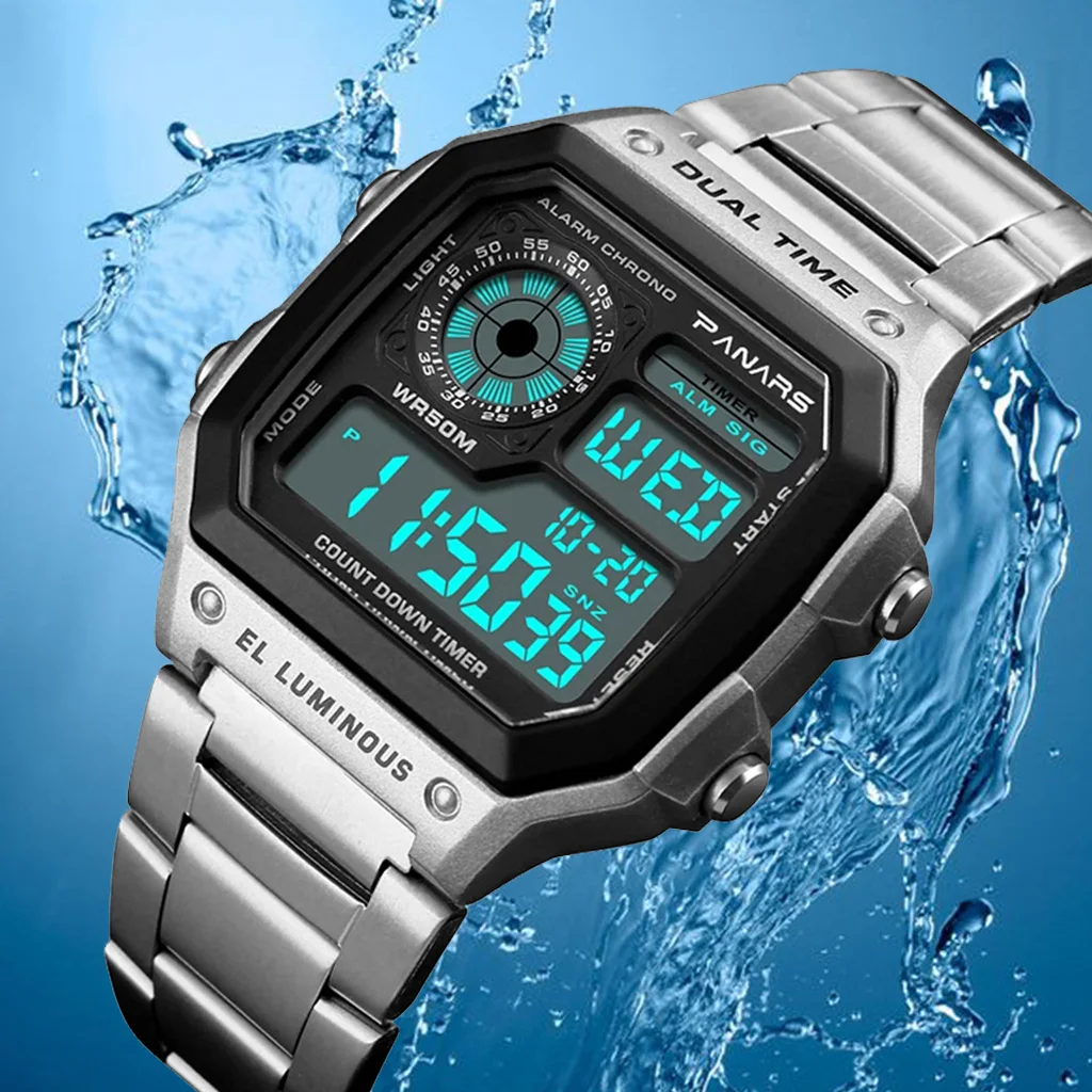 SYNOKE-reloj Digital con correa de Metal para hombre, cronógrafo electrónico, resistente al agua, deportivo, Masculino