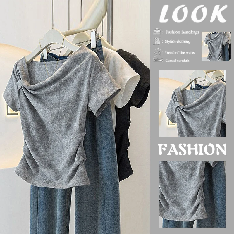 Black Pleated Slim Fit Women's T-shirt Summer Short Sleeve Asymmetrical Collar Base Shirt Fashionable Sun Protection Top