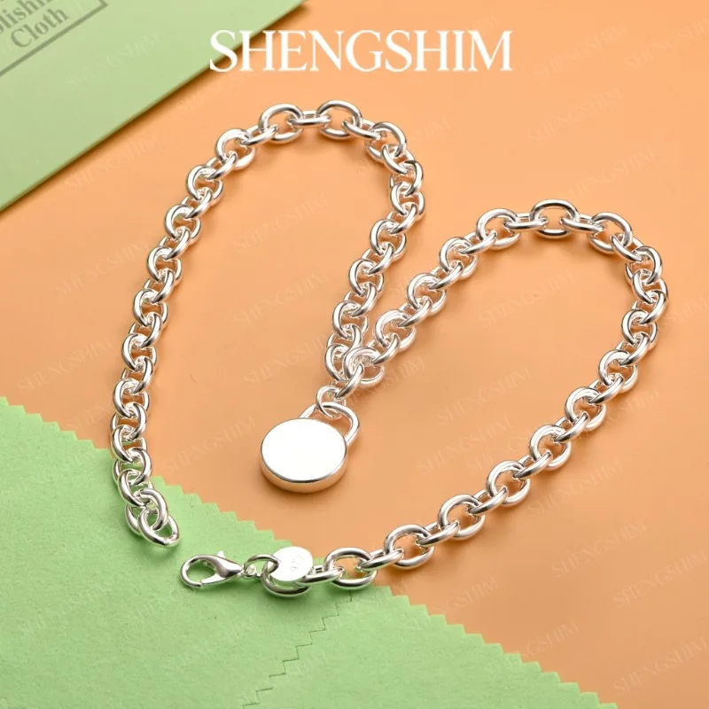 SHENGSHIM 925 Sterling Silver Hip Hop Round Lock Pendant Necklace For Men Women Fashion Jewelry Engagement Party Birthday Gift