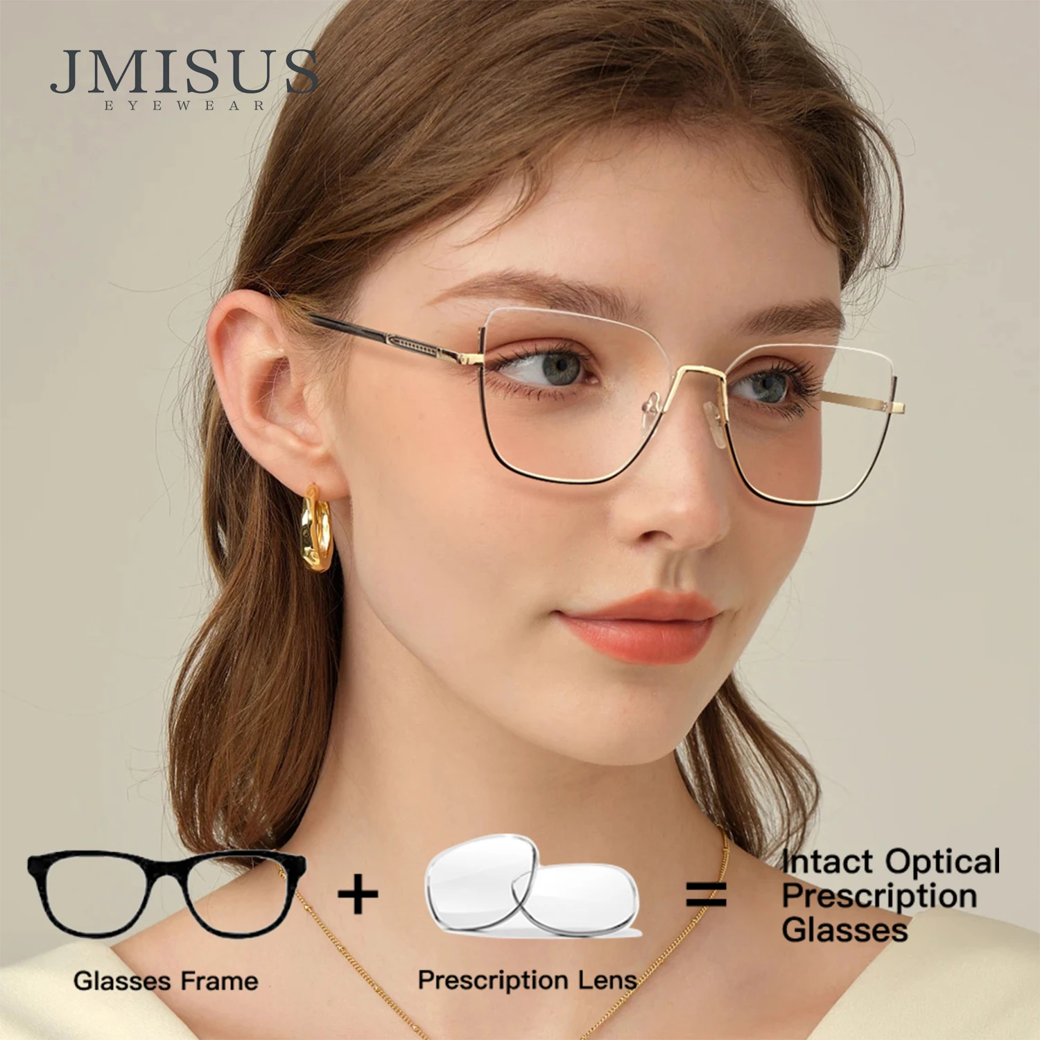 

JMISUS Fashion Half-Rimless Cat Eye Optical Glasses Ladies Anti Blue Light Glasses Customized Half Frame Prescription