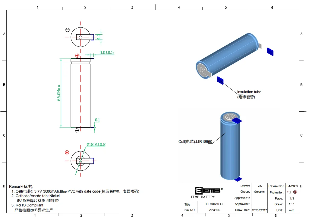 EEMB LP103448-A21664 / LIR18650-A23803 /LIR18650-FT-A23804